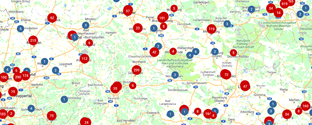 Karte von Deutschland mit Angabe wo es Forschungseinrichtungen gibt.